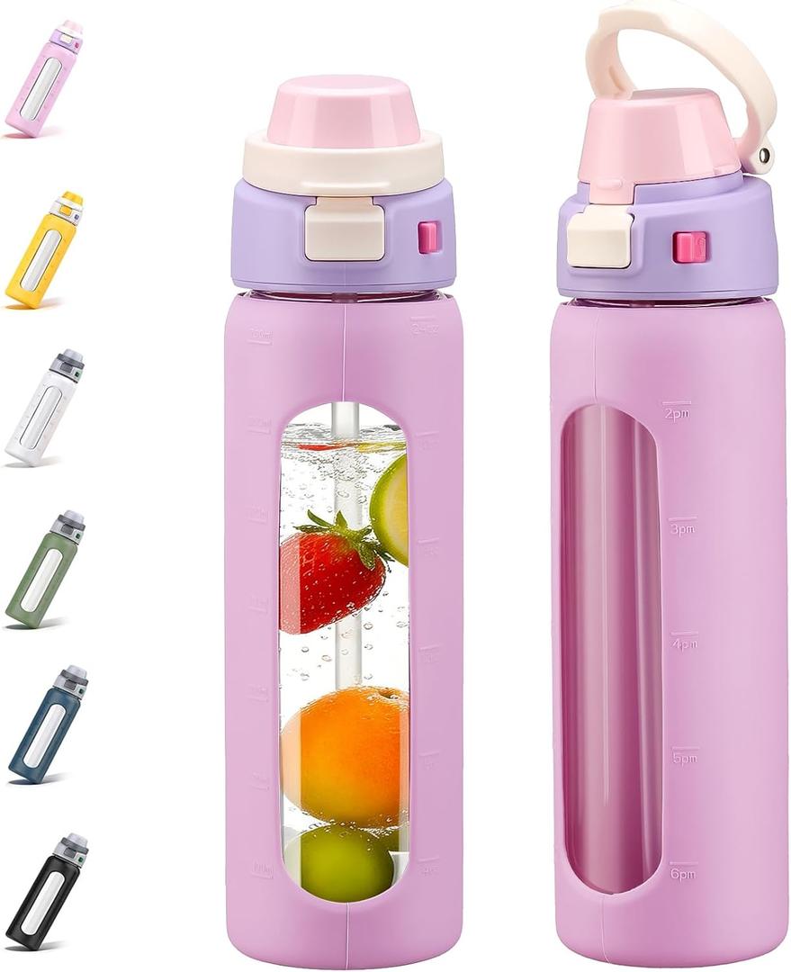 MUKOKO 2-in-1 Borosilicate Glass Water Bottle with Straw for Sports and Travel, 24oz Drinking Bottle with Silicone Sleeve, BPA Free, Leak Proof, Pink
