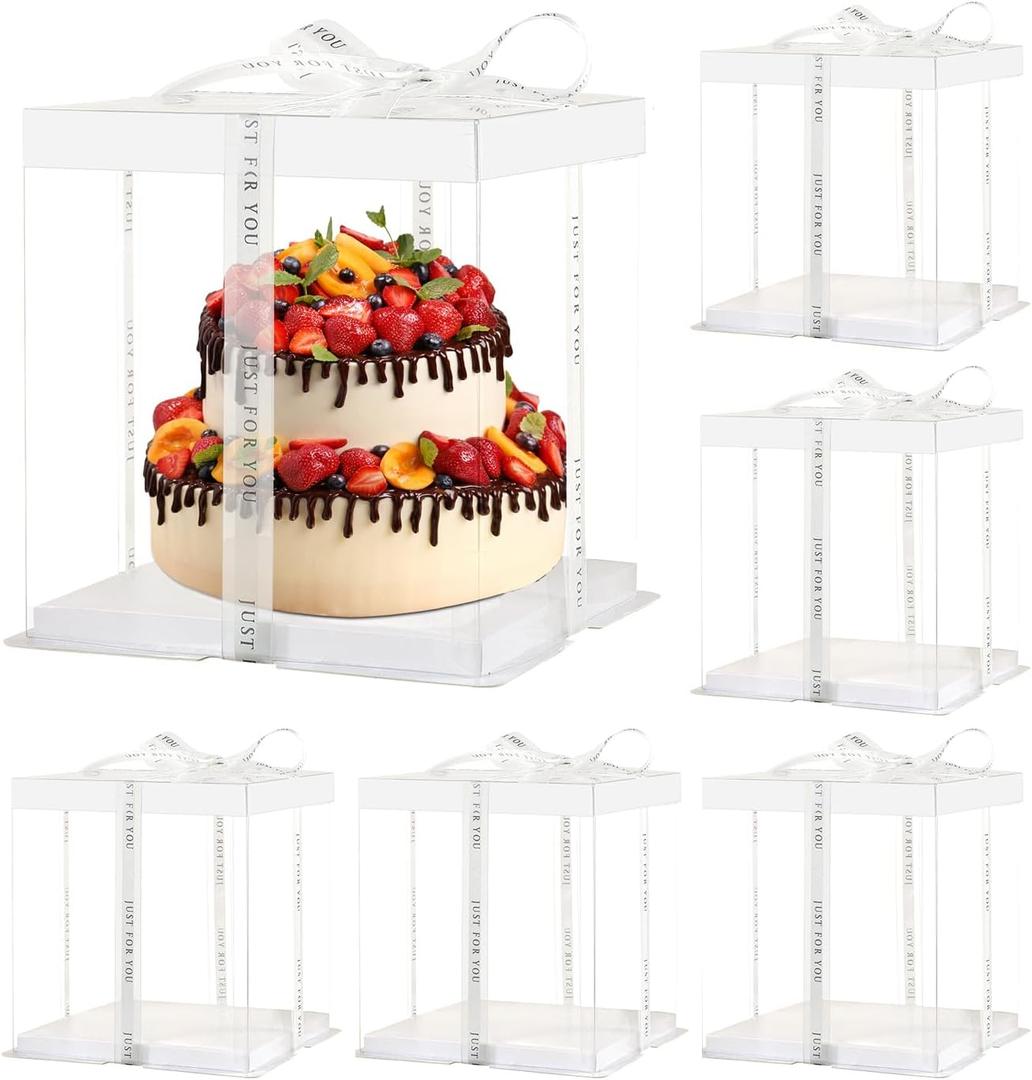 JCD 6Pcs Multi-Layer cake boxLarge Cake PET Clear Box, 10" X 10" X 9" with ribbon and pre-folded lid, for 8" cake packing , baking cookie display, Carry Tall Layer box (White Lid, 10*10*9inch/6Pcs)