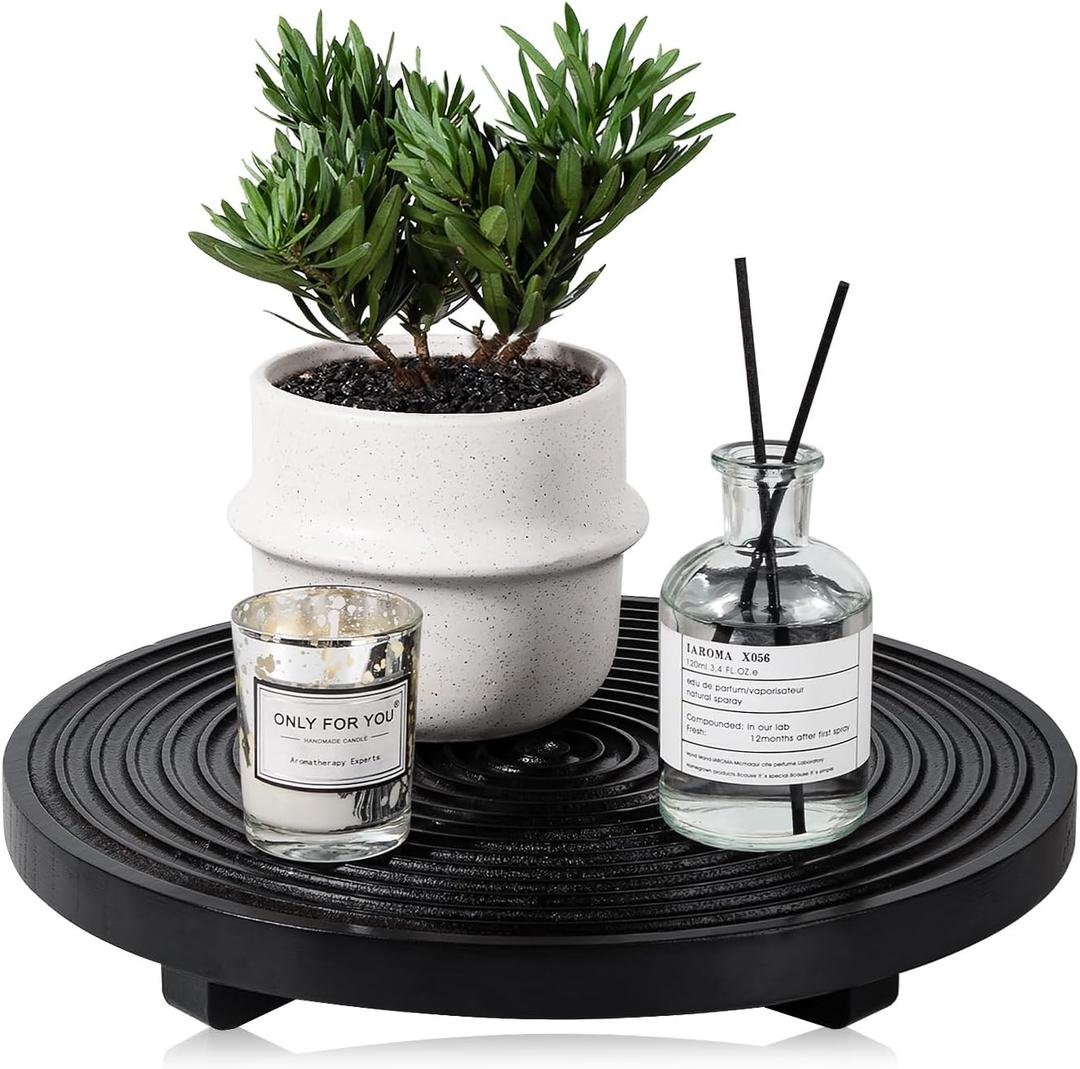 Round Decorative Tray Farmhouse Bathroom Decor Wood Riser Kitchen Countertop Organizer for Perfume, Candle, Plant, 11 inch Black