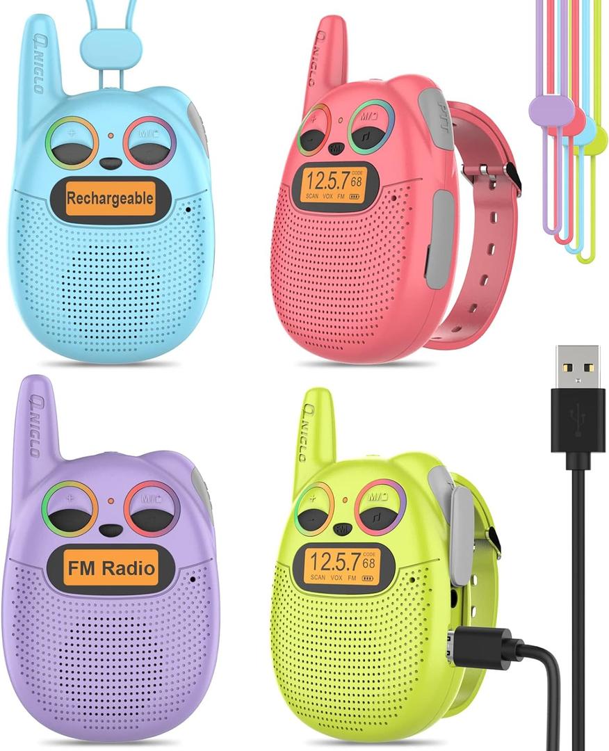 Qniglo Walkie Talkies for Kids Rechargeable 4 Pack, Kids Toys for 3-14 Year Old Girls Gifts Walkie Talkies for Outdoor Camping Games Christmas Birthday for 5 6 7 8 9 10 Year Old Boys Toddlers (Red Blue Purple Green)