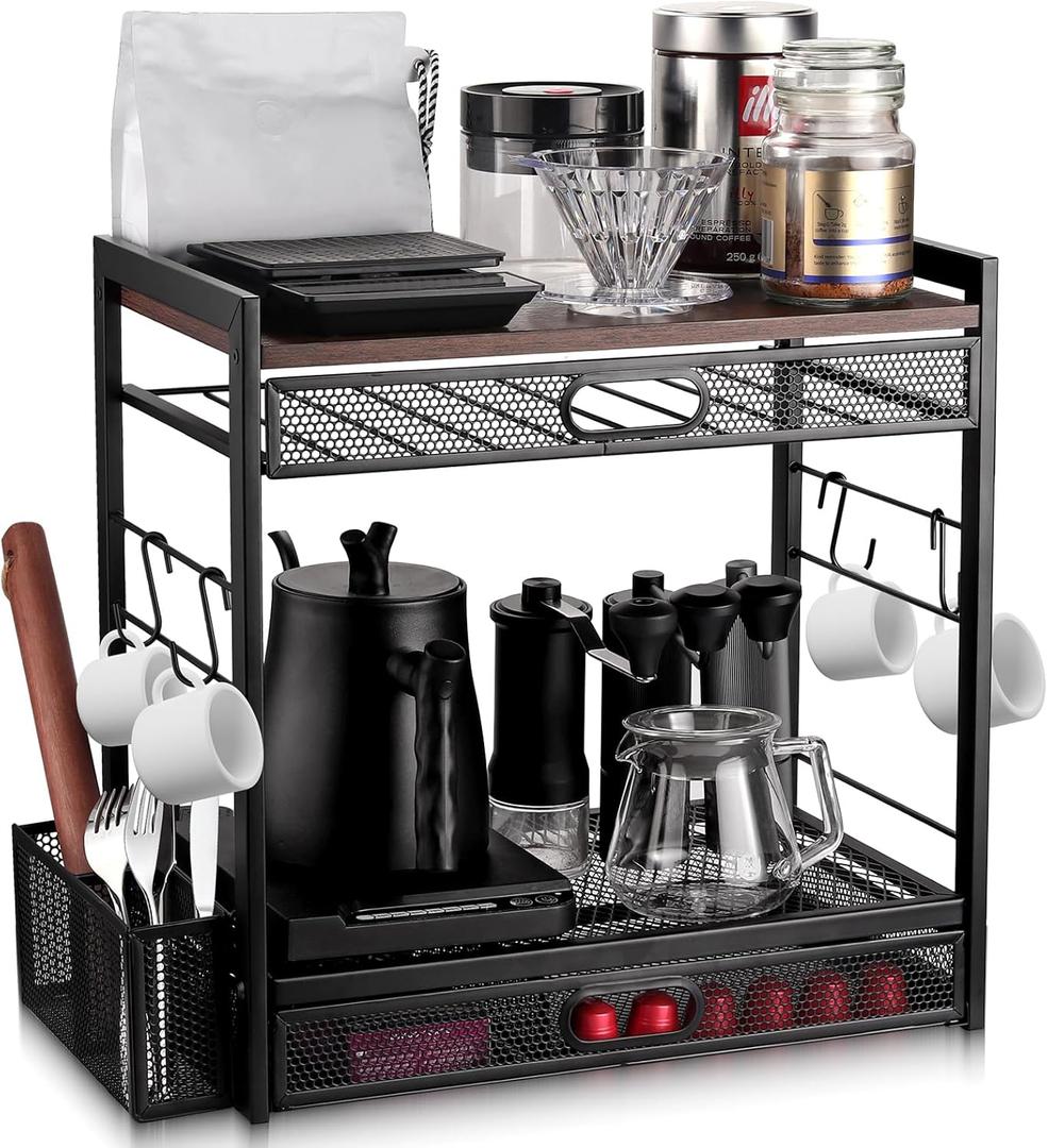 3 Tier Coffee Bar Organizer with Pull-Out K Cup Organizer (30+ Capsule Capacity),4 Hooks & Storage Basket-Countertop Coffee Station for Kitchen/Office,Coffee Bar,Mugs,Tea