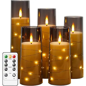 Flameless LED Candles with Timer 3 Pc Flickering Flameless Candles for Romantic Ambiance and Home Decoration Stable Acrylic Shell,with Embedded Star StringBattery Operated Candles