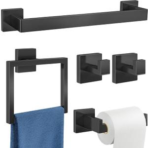 5-Piece Bathroom Hardware Accessories Set, Towel Racks for Bathroom Wall Mounted Stainless Steel, Matte Black Towel Bar Set 16In