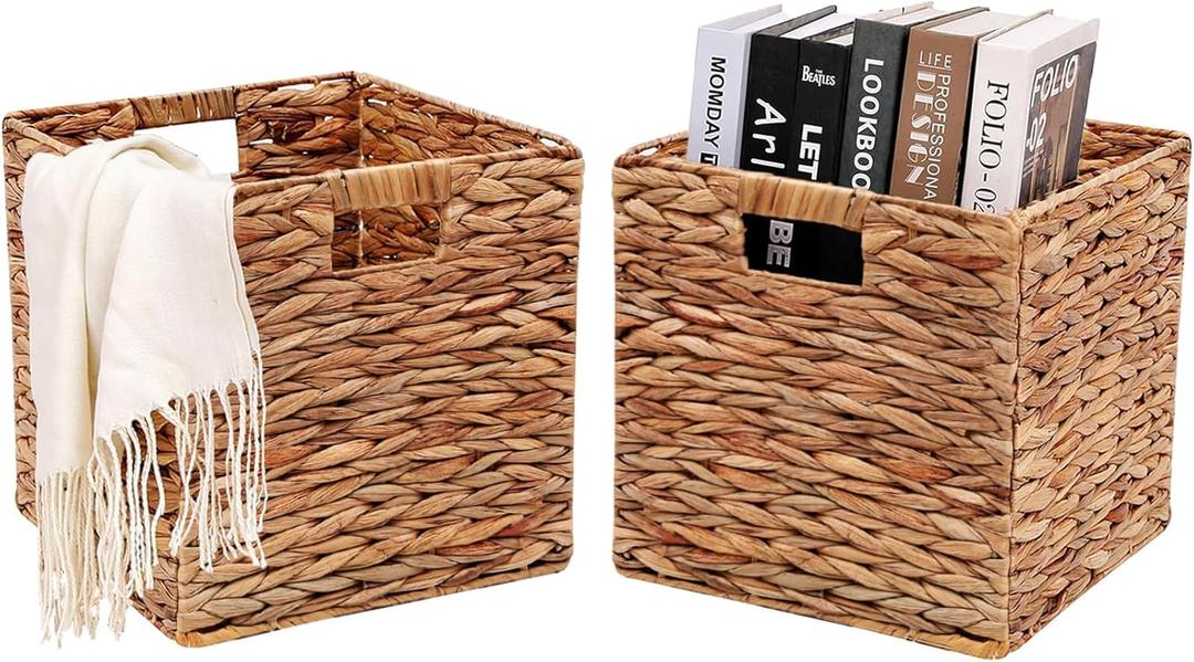 11x11in Wicker Storage Basket Set of 2 Collapsible Hyacinth Cube Storage Baskets,Storage Bins for Organizing Storage Basket with Built-in Handles