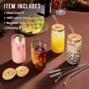Drinking Glasses with Bamboo Lids and Glass Straw 4pcs Set - 16oz Glass Cups, Iced Coffee Glasses, Cute iced Tea Glasses, Beer Glasses, Ideal for Coffee Bar Accessories, Aesthetic Gift - 2 Brushes, 14 Piece Set