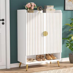 Tribesigns Shoe Cabinet with Doors, 6-Tier Shoe Storage Cabinet with Adjustable Shelves, Wooden Shoes Rack Shoe Storage Organizer for Entryway, Hallway, Closet, Living Room, White & Gold, 
14.57"D x 29.53"W x 43.3"H
