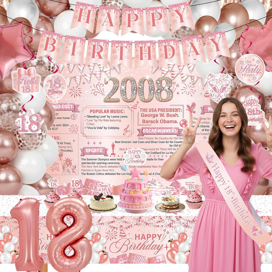 Pink 18th Birthday Decorations - 103 Pcs Happy 18 Year Old Birthday Decorations for Girls Balloons Garland Arch Kit Banner Backdrop Hanging Swirls Tablecloth Cake Cupcake Toppers Sash Supplies
