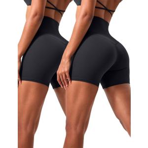voenxe High Waisted Biker Shorts Women,6" Tummy Control Workout Gym Soft Shorts for Yoga Running,Spandex No Front Seam, 2 Pack (Black) M