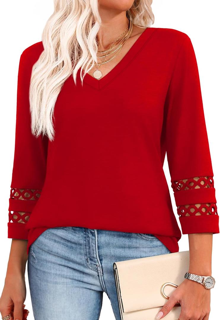XIEERDUO 3/4 Length Sleeve Womens Tops Dressy Casual Blouses for Women 2025 Trendy V Neck T Shirts Summer Clothes (Large, Red)