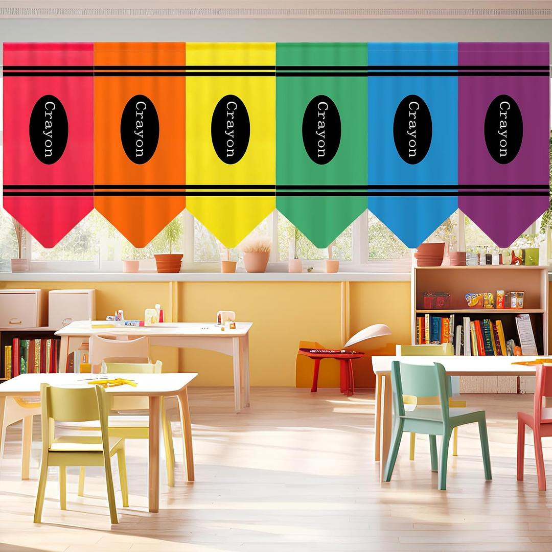 SmoothNovelty 6 Pcs School Classroom Curtains Back to Classroom Rainbow Colorful Crayon Curtains for Kindergarten Daycare Primary School Bedroom Playroom Room Decor(36" X 24")