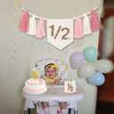 1/2 Birthday girl, Pink High Chair Banner with Handmade Hat and Candle, Half Way to One Baby, Half Birthday Docoration
