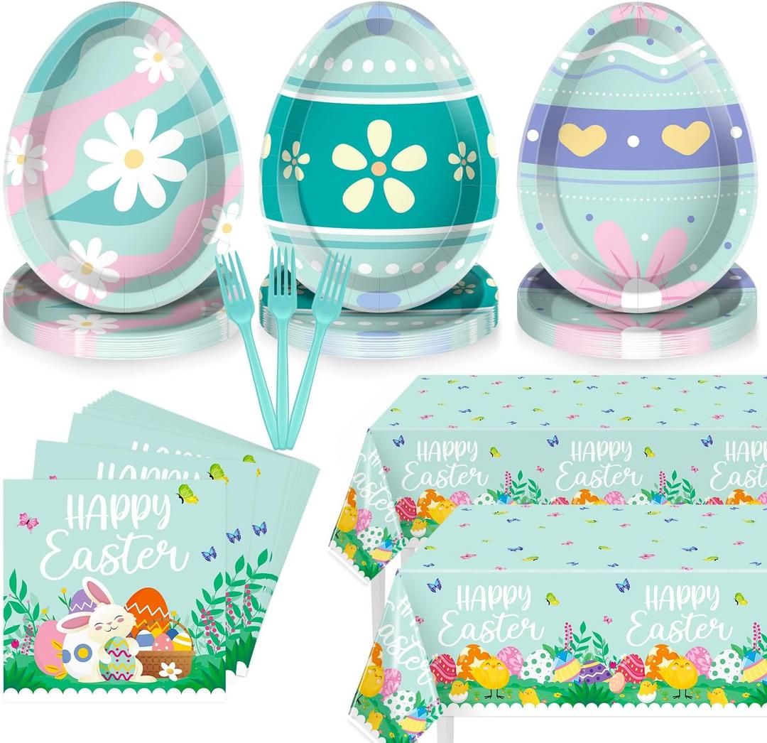 92 Pcs Easter Plates and Napkins, Easter Party Decorations Paper Tableware Set Includes Egg Plates Disposable, Napkins, Plastic Tablecloth, Forks for 30 Guests