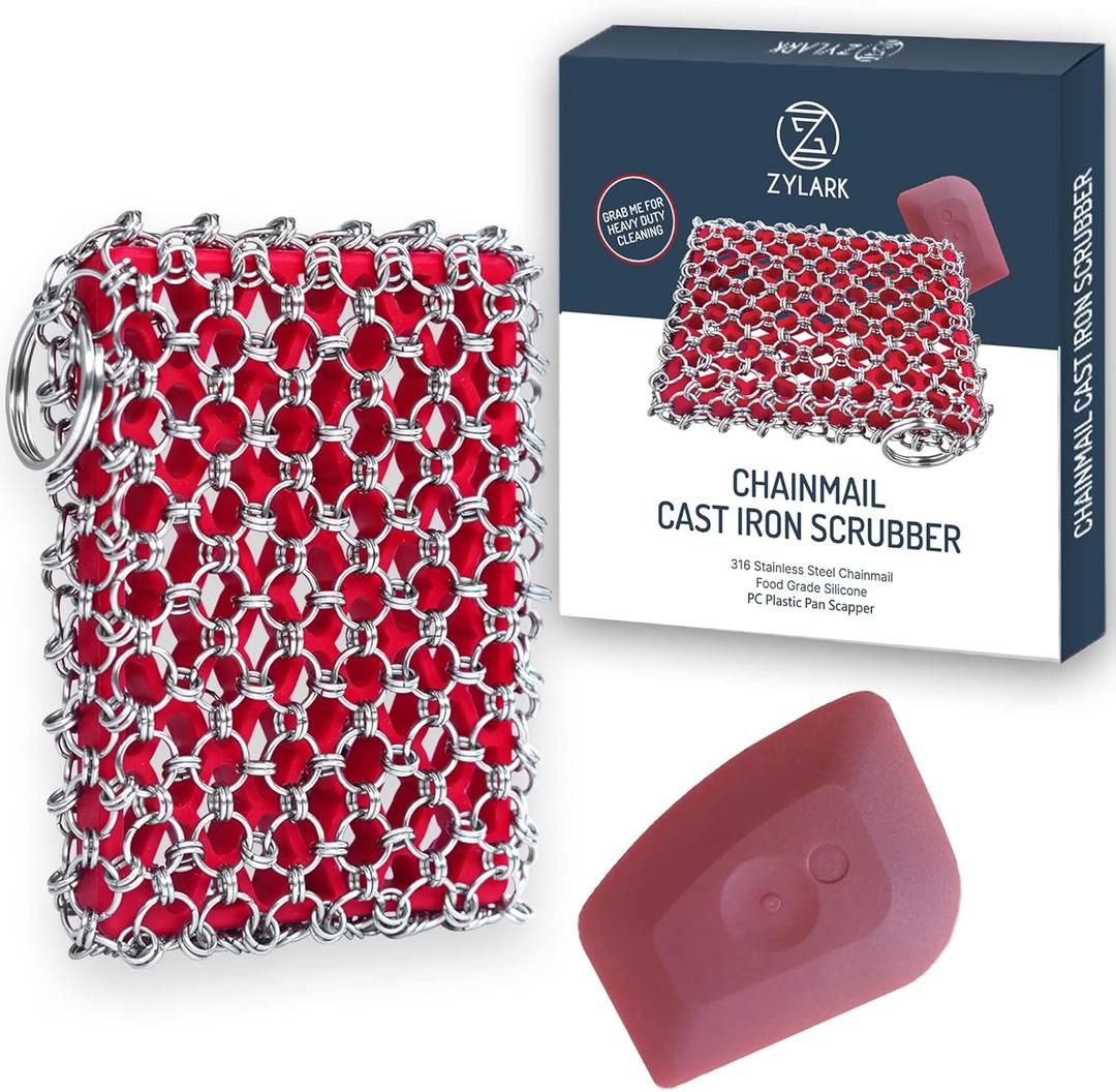 Zylark 316L Cast Iron Scrubber + Scraper Tool - Pan Cleaner Scrubber with Silicone Insert - Cast Iron Cleaning Kit - Chainmail Scrubber for Cookware