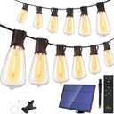 Ollny 50+2 LEDs ST38 Solar String Lights, 100 FT USB & Solar Dual Charging Outdoor String Lights, 3 Modes 5 Timers 10 Brightness 2200K Waterproof Patio Lights for Porch Garden Market Bistro Camping