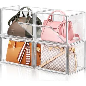 4 Packs Clear Plastic Handbag Storage Organizer for Closet, Large Acrylic Display Box forPurse and Handbag, Stackable Storage Boxes Bag Organizer with Magnetic Door for Purse Clutch Wallet Book