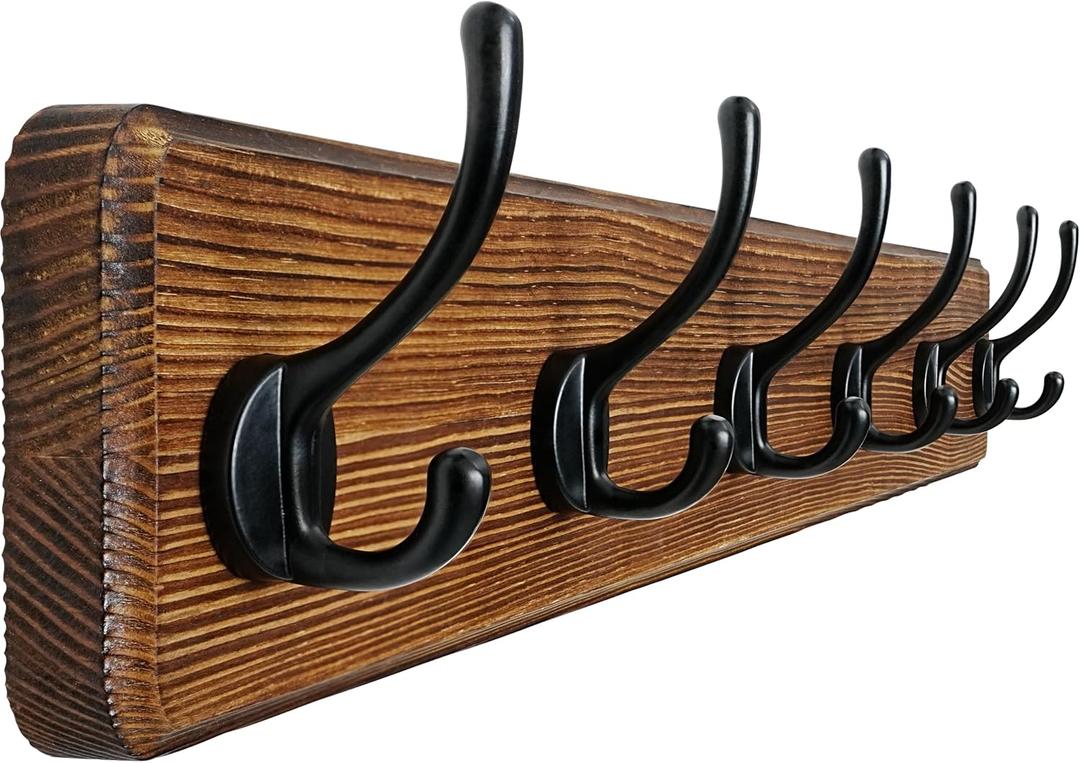 Dseap Coat Rack Wall: 24" Long, Patented, Heavy-Duty, 6-Double-Hooks Wooden Wall Mounted Coat Rack Coat Hanger Hook Rail for Winter Coats Hat Jacket Clothing, Natural & Black