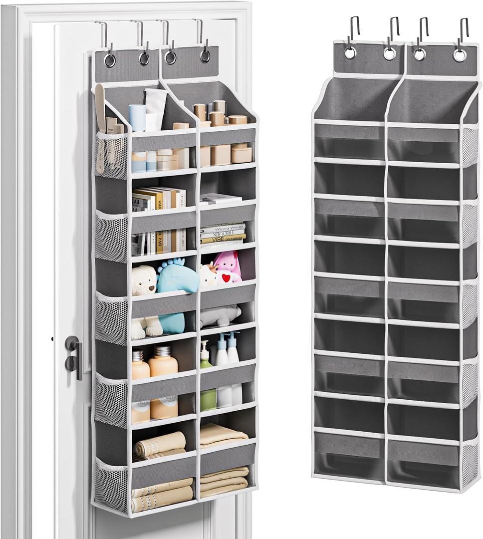 Abiglifty 5-Tier Over The Door Organizer with 10 Side Pockets, Large Behind The Door Storage, 4 Hooks Design, Door Organizer with Clear Windows for Bathroom, Bedroom, Nursery, Entryway(Grey)