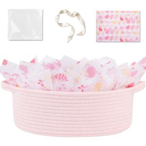 OIAHOMY Gift Basket with Handle, Small Woven Basket with Gift Bag, Ribbon and Wrap Tissue Paper, Nursery Bins Empty to Fill with Small Items, Baby, Pet Toy Organizer - Black (12"x 8"x 5"), Easter Pink