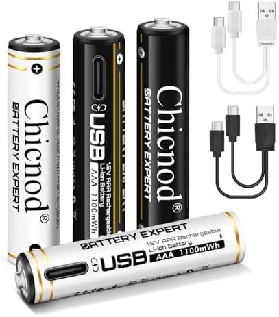 CHICNOD 4-Pack AAA Lithium Batteries, 1100mWh, Rechargeable, 1.5H Fast Charge w/Type-C Cable, 1000+ Cycles, for Toys/Remote/Flashlight/Camera (2 Black + 2 White)