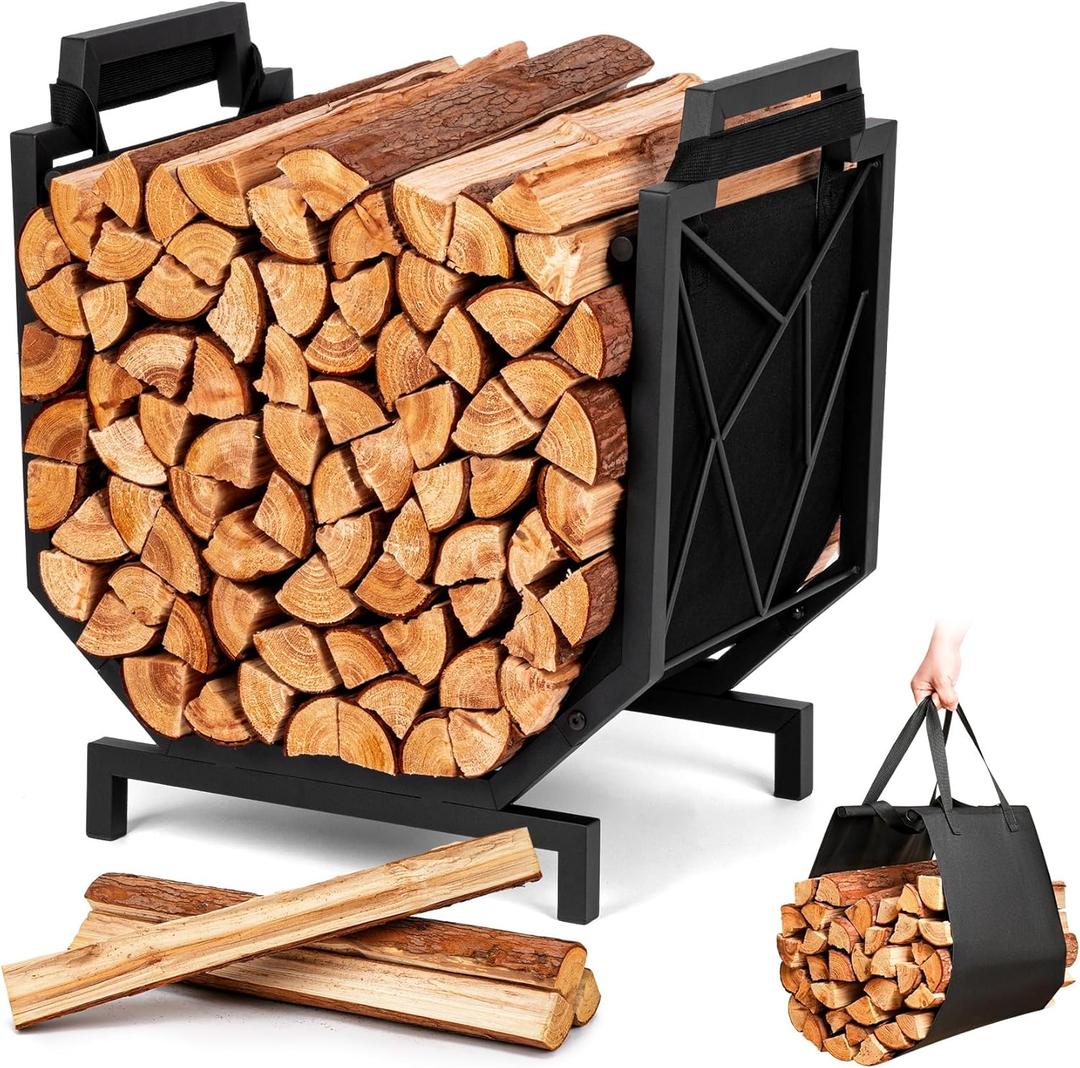 Firewood Rack Outdoor Indoor - Firewood Holder with Canvas Log Carrier Heavy-Duty Sturdy Waterproof Wood Storage Firewood Organizer for Fireplace Decor