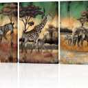 NutArtPic 3 Pieces Safari Animals Canvas Wall Art African Wildlife Prints Fall Animals Family Mom And Baby Pictures Wild Elephant Giraffe Zebra Artwork For Home Office Decor 24"X16" (Medium)