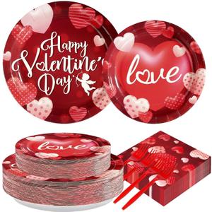 200 Pcs Happy Valentine's Day Party Supplies Romantic Hearts Love Cupid Party Plates and Napkins Disposable Sweet Red Pink Hearts Tableware Set for Valentines Day Anniversary Decorations Serves 50