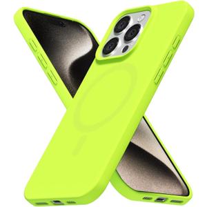 for iPhone 15 Pro Max Case Silicone Mag Safe, Compatible with Magsafe Ultra Slim Thin Magnetic Phone Case for Women Girls, Soft Rubber Gel Matte TPU Solid Color Minimalist Cover, Neon Green