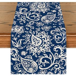 Artoid Mode Blue Floral Paisley Table Runner, Seasonal Spring Kitchen Dining Table Decoration for Home Party Decor 13x72 Inch