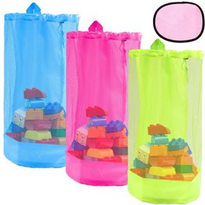 4pcs Mesh Drawstring Beach Toy Tote Bags Set, Include 3 Mesh Sand Pool Toy Backpack and 1 Sand Wipe-Off Mitt for Seaside Trip(Hot Pink, Blue, Fluorescent Green)Beach essentials