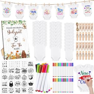 Panitay 126 Pcs Baby Shower DIY Bodysuit Set Rustic Kraft Baby Shower Game Sign DIY Bib 25 Blank White Newborn Bodysuit 25 Stencils 24 Marker 1 Sign 50 Pins for Gender Reveal(Woodland Animals)