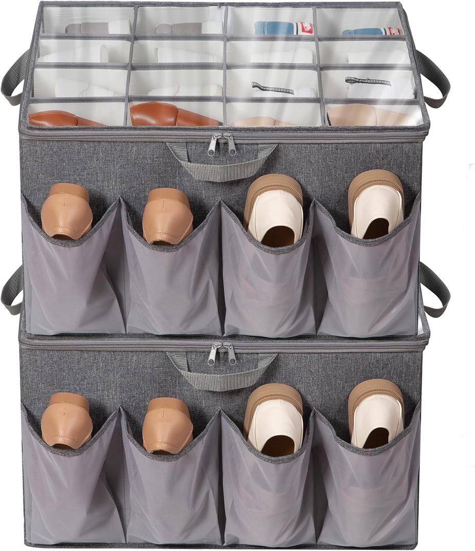 Shoe Organizer for Closet, Shoe Storage Solution with Clear Cover & Adjustable Dividers, Fabric Shoe Box Fits 16 +8 Pairs Shoes, Grey, 2-Pack