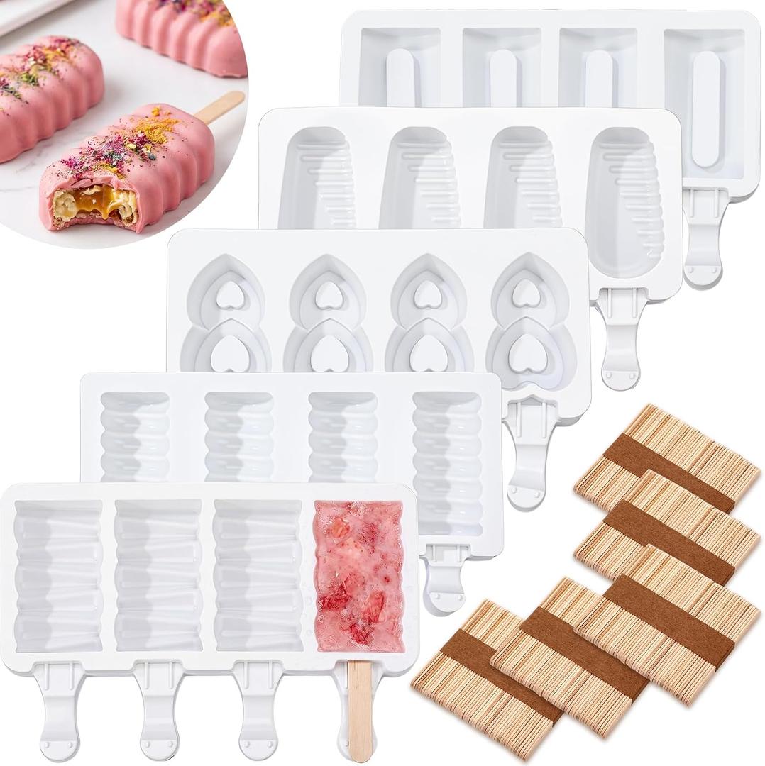 5 Pack Large Ice Cream Molds with Sticks 4 Cavities Cake Pop Silicone Molds Oval Ice Cream Cakesicle Mold for Homemade Ice-pop with 250 Wooden Sticks, Non-stick Flat Design, Easy Release