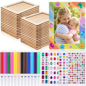 Zonon 32 Pieces Picture Frame Painting Craft Kit Wooden Picture Frames for 4 x 6 Photo with 12 Painting Color Pens, 4 Diamond Sticker Sheets for Mother's Day & Graduation Home for DIY Craft