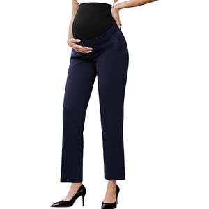 Ecavus Maternity Pants Over The Belly Seamless Stretch Work Pants Dual Length Pregnancy Office Dress Pants with Pockets S