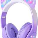 HOYJACY Kids Bluetooth Headphones with LED Cat Ears, Wireless/Wired Mode Headphones for Kids, Foldable Stereo Over Ear Headphones with Built-In Mic for School Birthday Xmas Gift (Purple)
