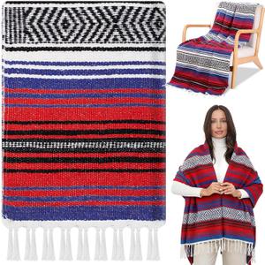 Oudain Mexican Blanket Woven Authentic Cotton Falsa Throw 45 x 70 Inch – Authentic Baja Serape Saddle Blanket Outdoor for Restorative Yoga, Beach, Picnic, Couch, Car Travel(Sunset Fiesta)