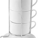 4 Pcs Ceramic Cappuccino Cup with Saucers and Metal Stand, Stackable Espresso Cup for Espresso Specialty Coffee Drinks Latte Americano and Tea(white,1)