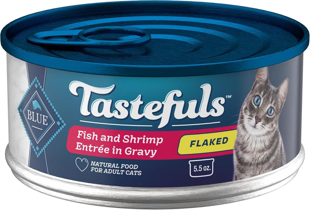 Blue Buffalo Tastefuls Flaked Wet Cat Food, Made with Natural Ingredients, Fish and Shrimp Entrée in Gravy, 5.5-oz Cans (24 Count) (EXP 10/20/28)