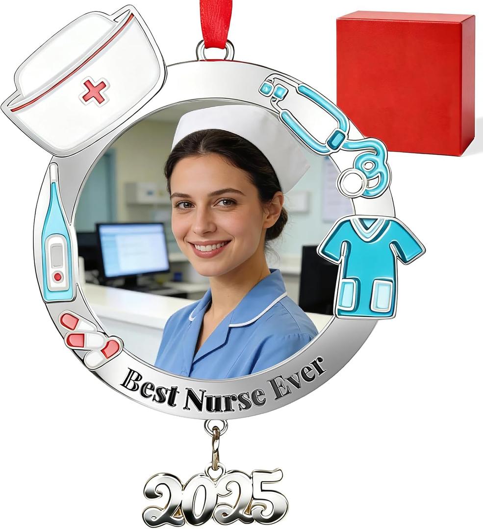 2 x Nurse Christmas Photo Ornament 2025 - Personalized 1st Xmas As Nurse Keepsake Picture Frame Gifts for RN New Nurses Nursing Students - Nurses Practitioner Gifts Xmas Tree Decor