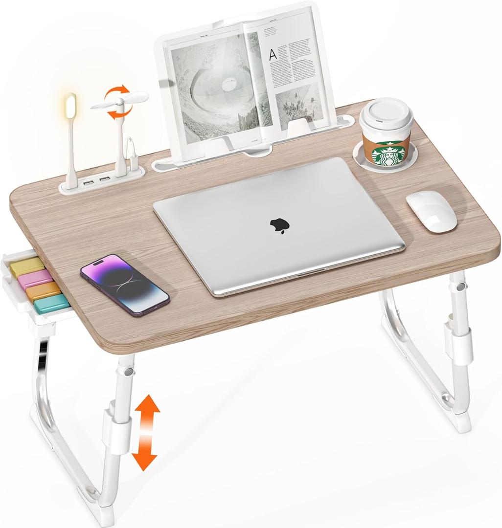 Laptop Desk for Bed Height Adjustable, Lap Bed Table with USB/Storage Drawer/Cup Holder/Tablet Stand/Book Shelf, Foldable Breakfast Tray Portable for Reading Writing, Sofa & Floor, Glacier, 
23.6" x15.7"