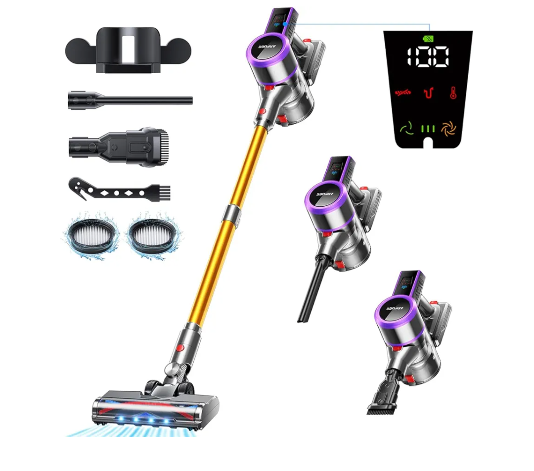 Cordless Vacuum Cleaner, 45000Pa/550W Powerful Vacuum Cleaners for Home, 60 Mins Runtime, LED Display, 1.5L Cup, Anti-Tangle Brush, Lightweight, Ultra-Quiet, Cordless Stick Vacuum Cleaner