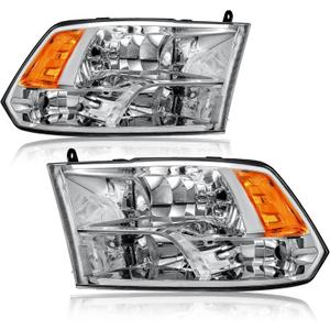 Headlights for Dodge Ram 1500 2500 3500 4500 5500 (Only Factory Quad Style Halogen) Headlamp Amber Reflector Chrome Housing 2009-2018 Front Lights