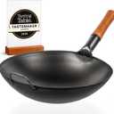 YOSUKATA 14" Carbon Steel Wok with Round Bottom Pre-Seasoned Pow Wok for Stir Fry Traditional Chinese Japanese Black Steel Pan Outdoor Cookware for Gas Stovetops, Open Fire, BBQ, Camping