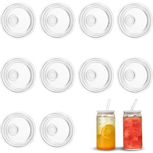 10 Pack Clear Acrylic Lids for 16 oz / 20 oz Glass Cups, Replacement Can Straw Lids for Mason Jar, Spill Proof Reusable Plastic Cover Bamboo Lid for Glass Cups Beer Soda Can Coffee Tumbler Cup