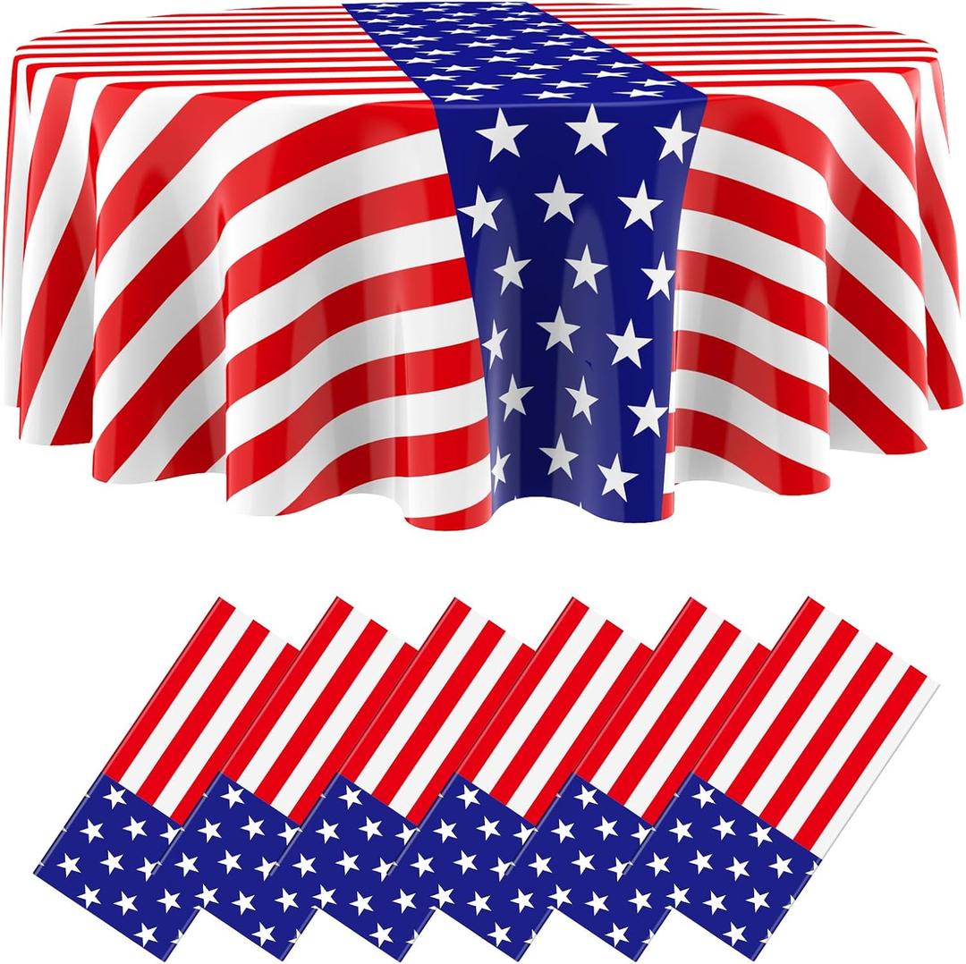 6 Pcs Patriotic Tablecloth Round American Flag Tablecloth, 84", Stripe