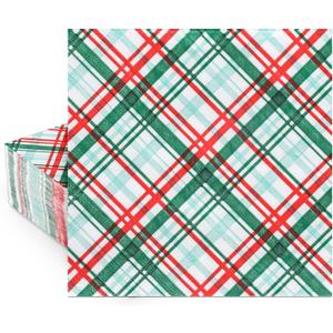 Whaline 80 Packs Checkered Paper Napkins Christmas Disposable Napkins Red Green Plaid Decorative Napkins for Party Supplies Table Decor, 6.5 x 6.5 Inch