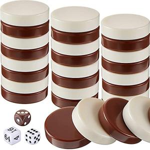 Skylety 30 Pcs Backgammon Pieces Checkers, 1.25 Inch Replacement Checkers Board Game Playing Game Chips with 5 Dice(Beige, White and Brown)
