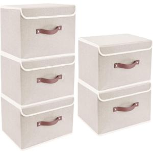 TYEERS Foldable Storage Boxes with Lids 5 Pack Fabric Storage Bins with Lids, Closet Organizers for Clothes Storage, Room Organization, Office Storage, Toys - Beige (5-pcs 14.9x9.8x9.8 in)