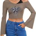 SOLY HUX Women's Y2k Graphic Tees Lace Trim Cold Shoulder Long Sleeve Star Print T Shirt Crop Tops (Dark Grey Star)