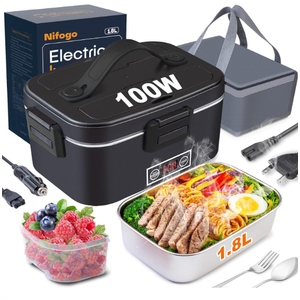 Nifogo Electric Lunch Box for Adults 100W with Temperature Display Heated Lunch Box Food Warmer LunchBox 1.8L Stainless Steel Container&Bag 12V/24V/110V for Car/Truck/Work(Black)